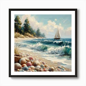 Sea Shells And Sailboat On The Beach, Acrylic Painting Style Art Print