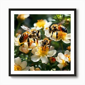 Bees On White Flowers 1 Art Print