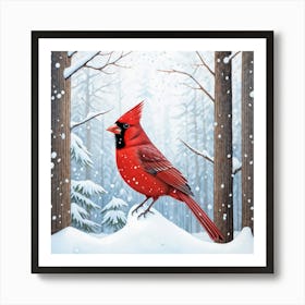 A Vibrant Red Cardinal Bravely Standing Against A Serene Winter Day As Fresh Snowflakes Blanket Th Art Print