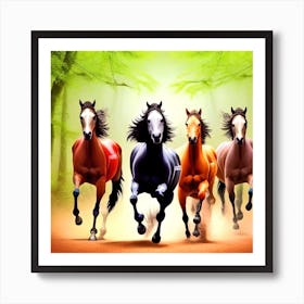 Horses Running In The Forest Art Print