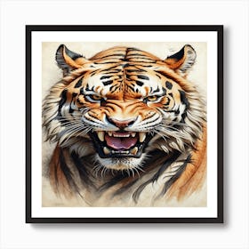 Angry Tiger portrait , mouth open big teeth Art Print