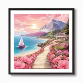 Pink Flowers On The Beach 4 Art Print