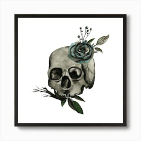 Dark hand drawn gothic skull and black rose Art Print