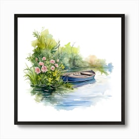 Watercolor Boat On The River Art Print