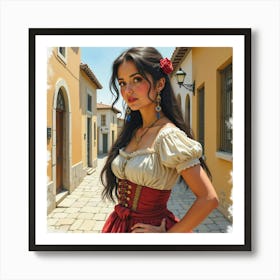 Spanish Woman In A Historical Setting, Watercolor With Classic Details 1 Art Print