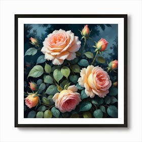 Vintage Midnight Summer Botanical Roses Garden Art Print 2 Art Print