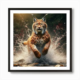 Lynx Running In Water 1 Art Print