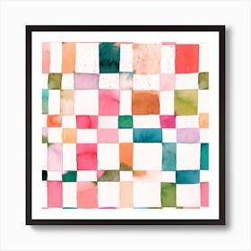 Watercolor Checker Orange Green Square Art Print