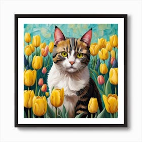 Cat In Yellow Tulips Painting Art Print