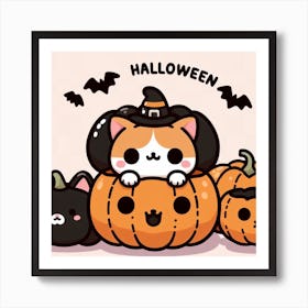 Halloween Kawaii Cute Cat in Pumpkin Cartoon Kitty Art Print