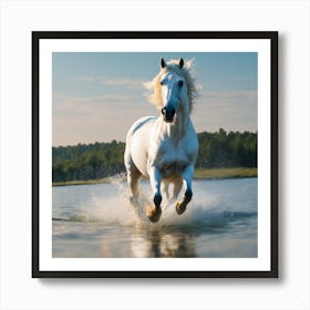 White Horse Running In The Water Art Print