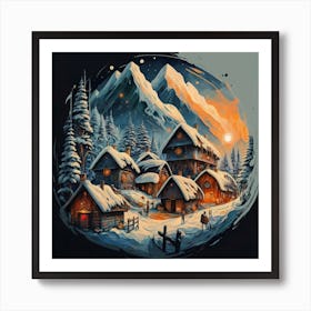 Abstract painting of a mountain village with snow falling 30 Art Print