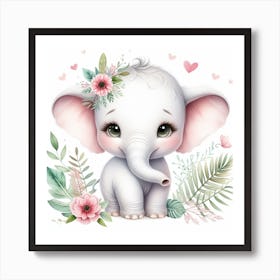 Baby Elephant With Flowers Art Print