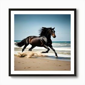 Black Horse Galloping On The Beach Art Print