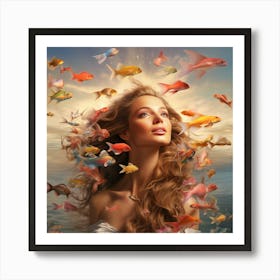 Beautiful Woman With Fishes Art Print