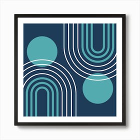 Mid Century Modern Geometric B29 In Navy Blue And Teal (Rainbow And Sun Abstract) 02 Art Print