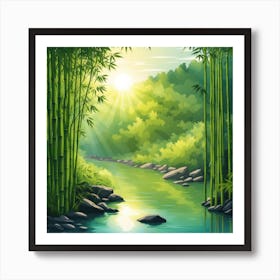 A Stream In A Bamboo Forest At Sun Rise Square Composition 341 Art Print