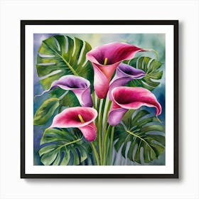 watercolor calla lilies and monstera, painting 2 Art Print