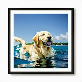 Golden Retriever Swimming In The Ocean Art Print