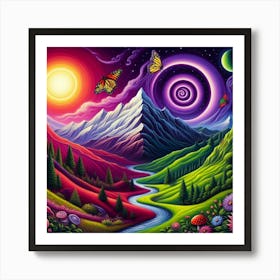 Mountain With Spiral Moon Sun Butterfly Art Print