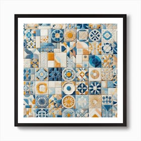 A Splash of Color: A Collage of Tiles with Shades of Blue, White, and Yellow Art Print
