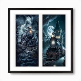 Train In The Night,Moonlit Journey: A Gothic Train Adventure Art Print