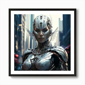 Firefly Robot, Futuristic, Superhero, Steel Wings, Damaged, Human Face, Realistic, City, Cybernetic, (3) Art Print