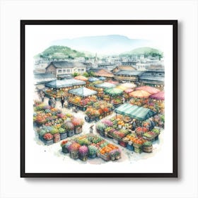 Inviting and Delicious - Watercolor Painting of a Flower and Fruit Market 1 Art Print