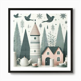 Scandinavian style, Pine forest and birds 1 Art Print