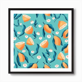 Lemon Pattern With Flowers On Blue Square Art Print