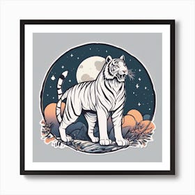 Sticker Art Design, Tiger Howling To A Full Moon, Kawaii Illustration, White Background, Flat Colors (1) Art Print