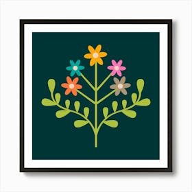 TAMI Mid-Century Modern Retro Floral with Small Flowers in Bright Colours on Dark Teal Art Print