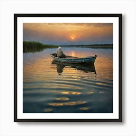 Elderly Man In A Well Worn Fishing Boat Floating Peacefully In The Middle Of A Vast Sea Art Print