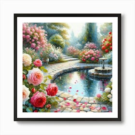 Rose Garden With The Fountain, Acrylic Style Painting 22 Art Print