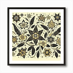 Batik, Black And Gold Flowers Art Print