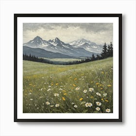 Vintage Oil Painting of Wild Flowers in a Meadow, Mountains in the Background 17 Art Print