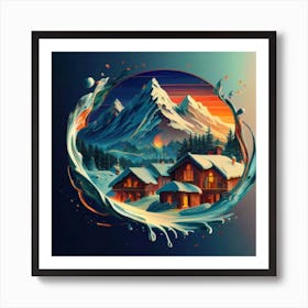 Abstract painting of a mountain village with snow falling 26 Art Print