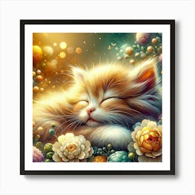 Cat Sleeping In Flowers Art Print