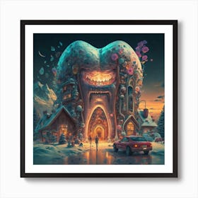 , a house in the shape of giant teeth made of crystal with neon lights and various flowers 8 Art Print
