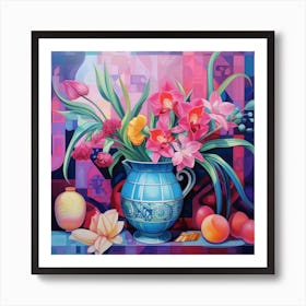 Art Deco still life painting of a vase filled with exotic flowers in vibrant shades of pink, purple, and blue Art Print