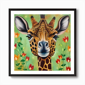 Giraffe With Flowers Art Print