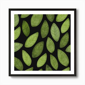 Green Leaves On Black Background Art Print