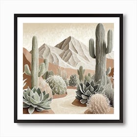 Firefly Modern Abstract Beautiful Lush Cactus And Succulent Garden In Neutral Muted Colors Of Tan, G (17) Art Print