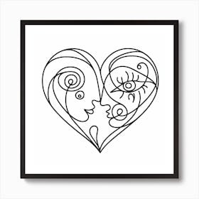 One line, Valentine's day of heart, Picasso style Art Print