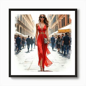 Stylish Italian Woman In Watercolor, Attending A Glamorous Fashion Event In Rome Art Print