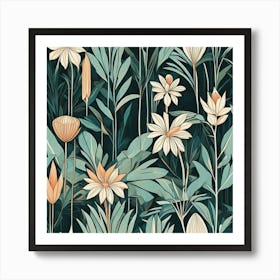 Seamless Pattern With Flowers And Leaves Art Print