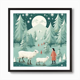 Winter Landscape With Sheep 1 Art Print