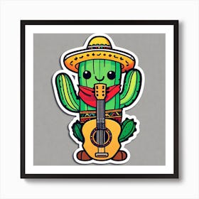 Cactus Wearing Mexican Sombrero And Poncho And Guitar Sticker 2d Cute Fantasy Dreamy Vector Ill (38) Art Print