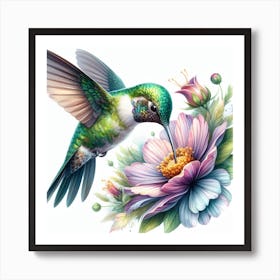 Watercolor Wonder: A Realistic and Detailed Painting of a Hummingbird Hovering over a Flower Art Print