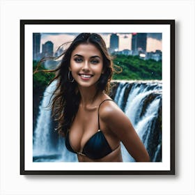 Beautiful Woman In Bikini In Front Of Waterfall yhh Art Print